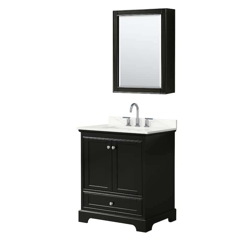 Deborah 30-inch Single Vanity, Quartz Top, Medicine Cabinet - Dark Espresso, Chrome Trim, Giotto Quartz Top