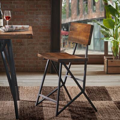 Stylish Industrial Metal Frame Counter Seat with Back, Easy Assembly, Brown