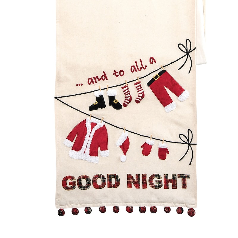 "And to All a Good Night" Sentiment Santa Clothes on Clothesline Red Pom Poms 12" X 72" Cotton Embroidered Table Runner