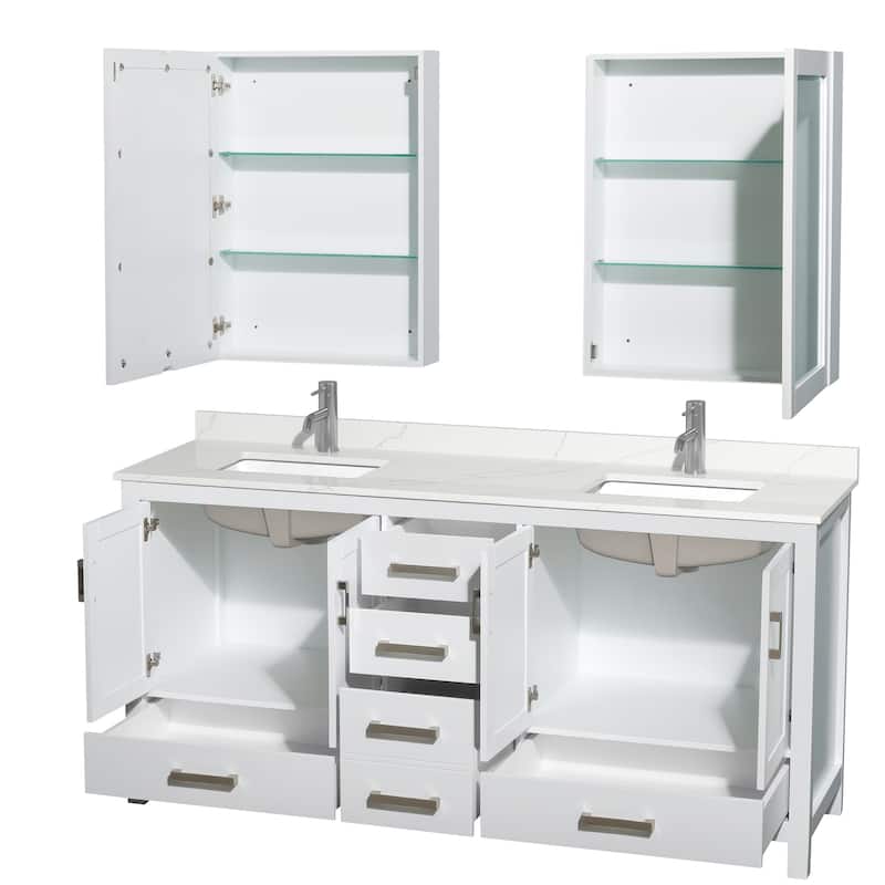 Sheffield 72-inch Double Vanity, Single Hole Quartz Top, Med Cabinets