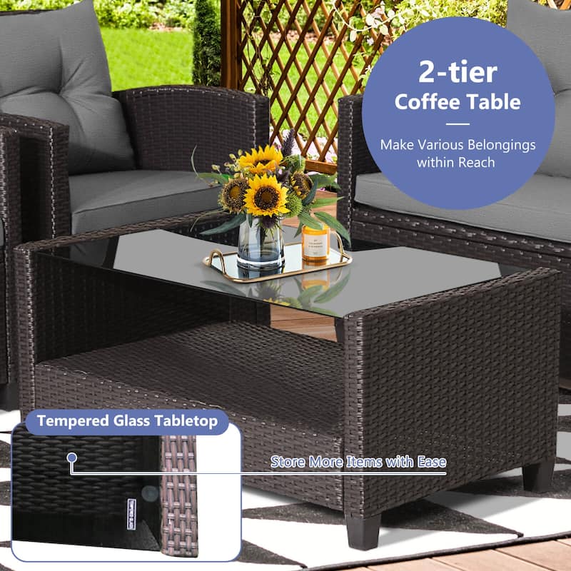 Costway 4 PCS Patio Rattan Furniture Set Glass Table Shelf Sofa - See Details
