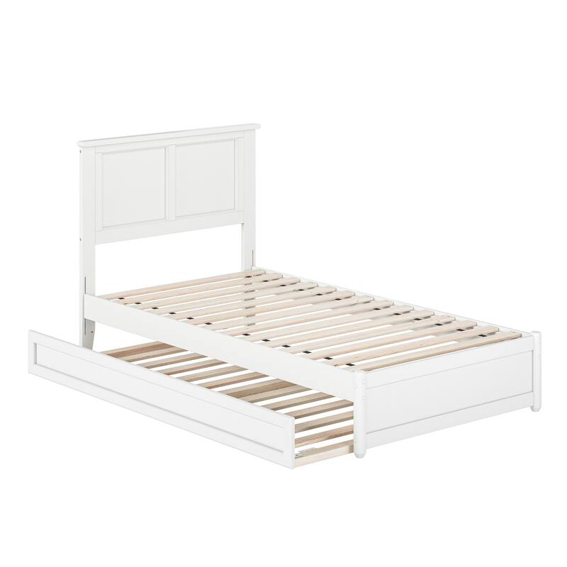 Twin Bed with Trundle & Panel Headboard - White Platform Bed Frame with Storage