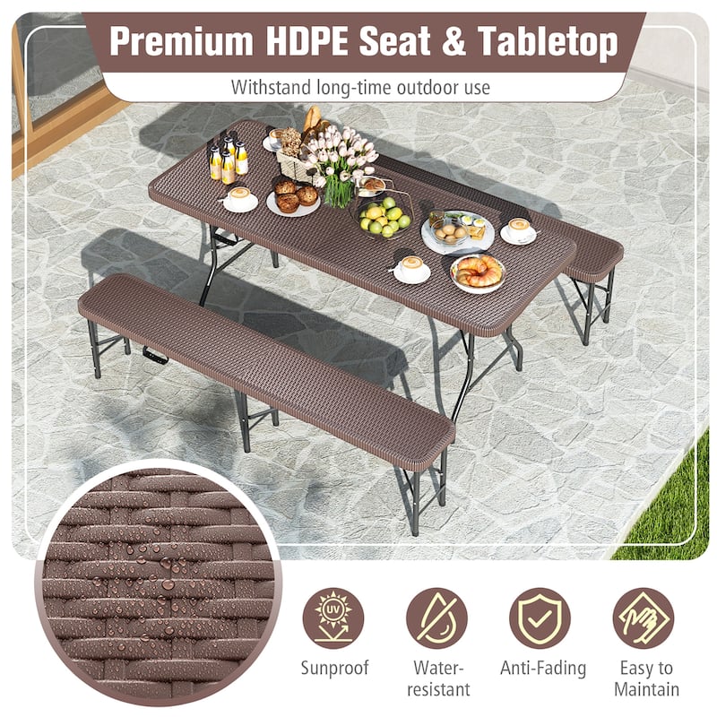 Gymax 3 Piece Folding Picnic Table Set w/ 6 ft Table & 2 Benches for