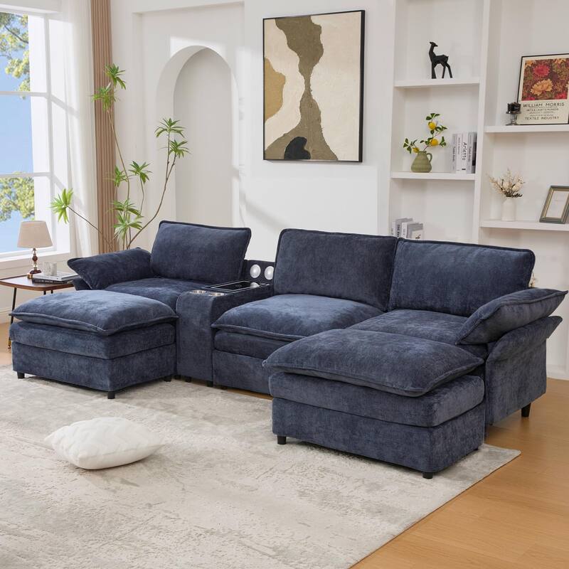U-Shaped Chenille Modular Sofa with Bluetooth Speakers, Wireless Charging, Storage Console, 2 Cup Holders & Movable Ottoman