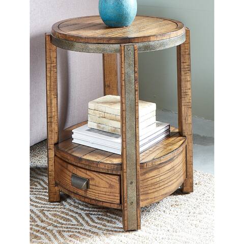 Round Wood Veneer End Table with Metal Accents