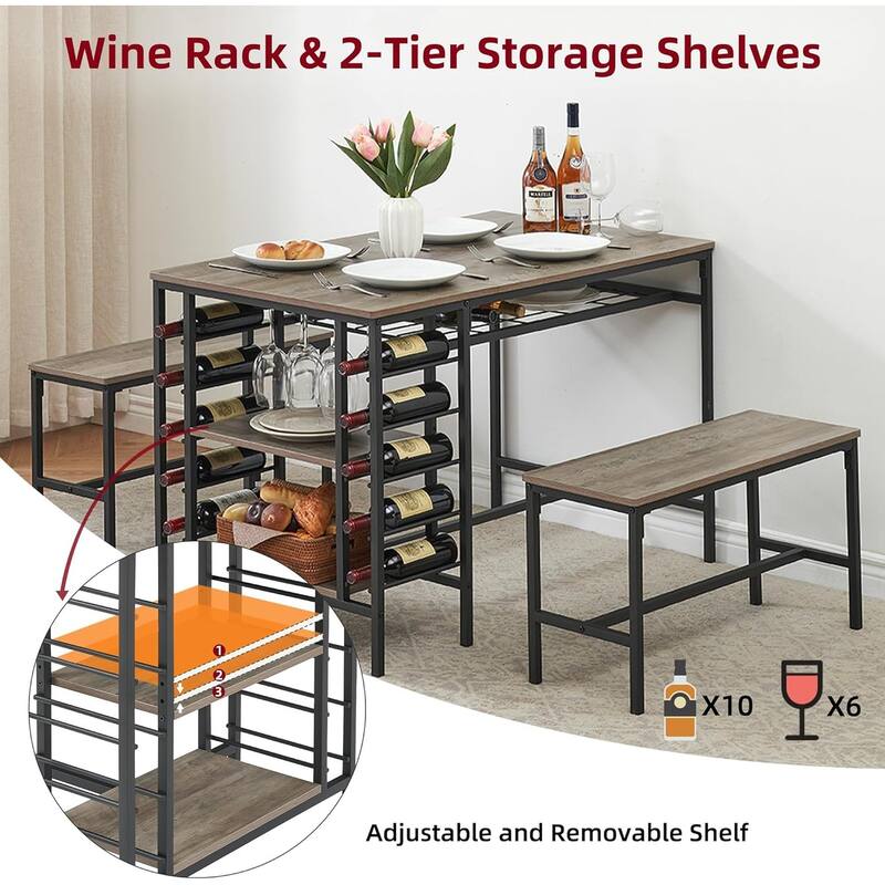 Dining Table Set with 2 Benches and Storage Shelf, Rectangular Table for Small Dining Area or Apartment