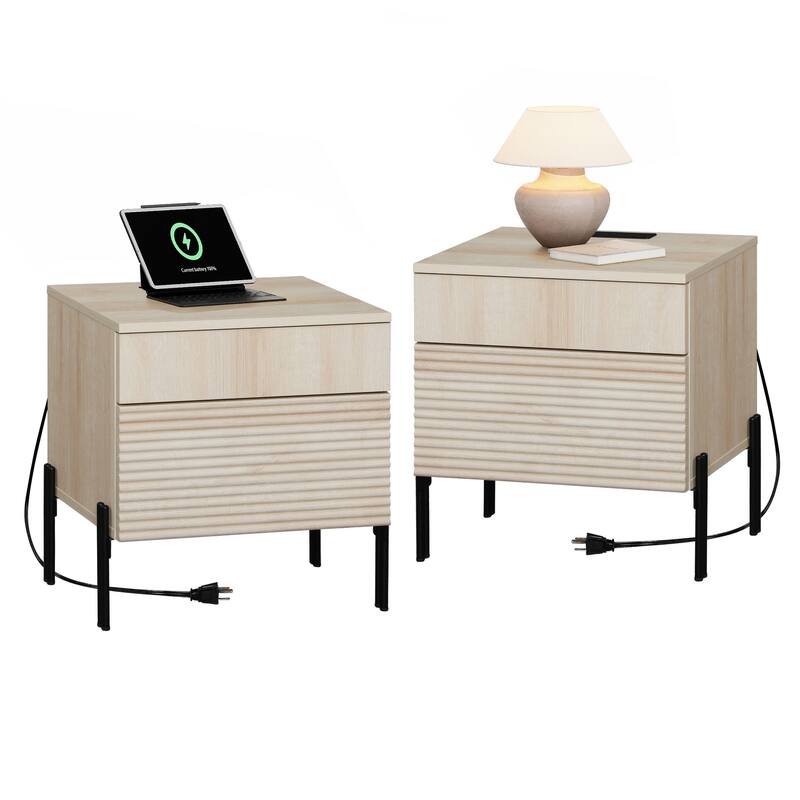 WAMPAT Fluted Nightstand with Charging Station,Modern Side Table with 2 Drawers - Beige - 4-drawer