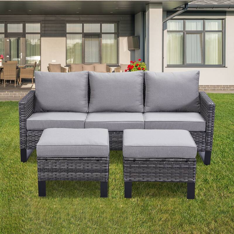 Gymojoy Outdoor Patio Wicker Sectional Sofa Set with Ottomans and Cushions - Grey