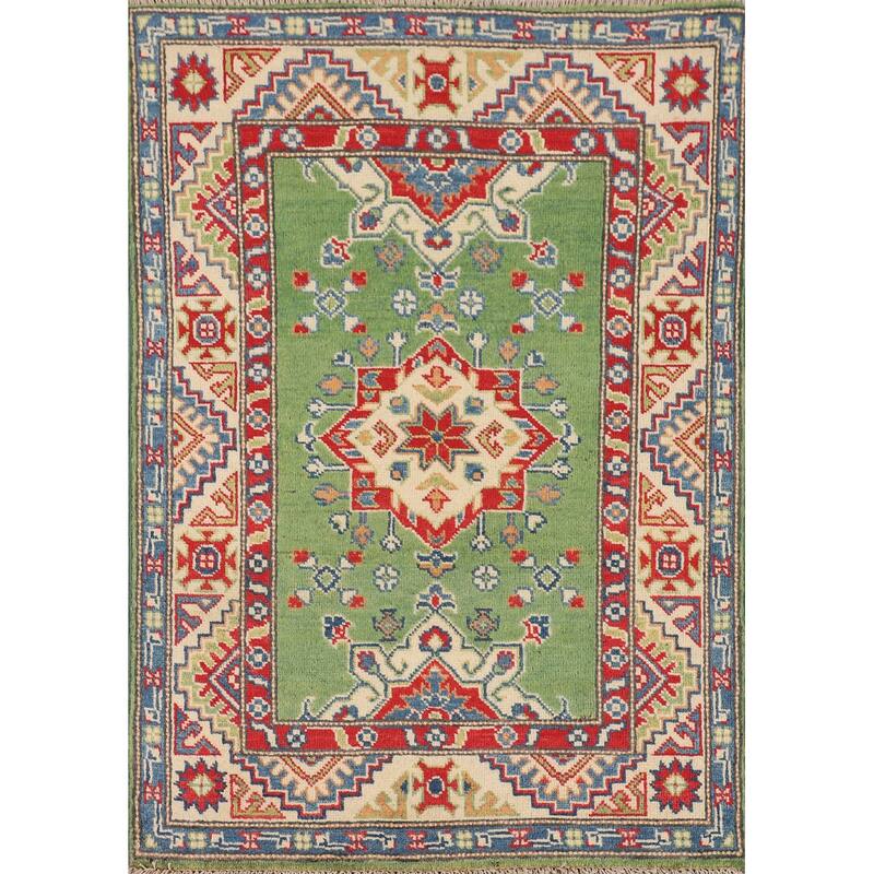 Green Kazak Foyer Rug Hand-Knotted Wool Carpet - 2'8" x 3'10"