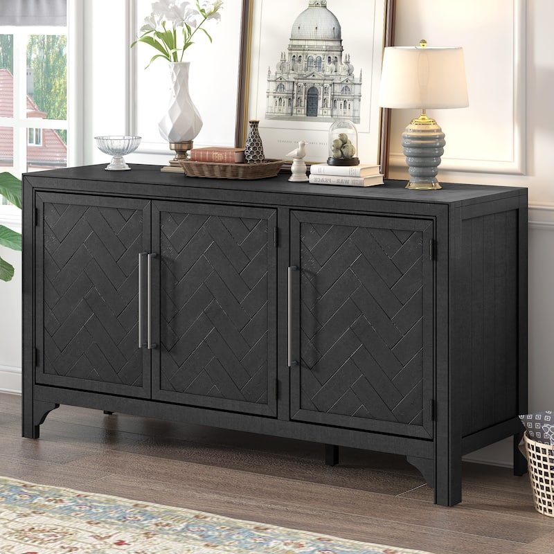 Roomfitters Modern Sideboard Cabinet, Herringbone Wood Pattern Buffet with Adjustable Shelves, Accent Storage Console, Black - Black