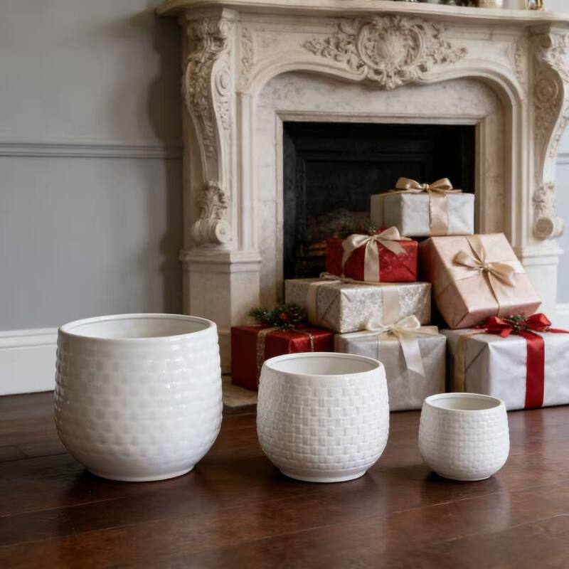 Set of 3 Ceramic Planters Geometric Texture for Orchids and Succulents