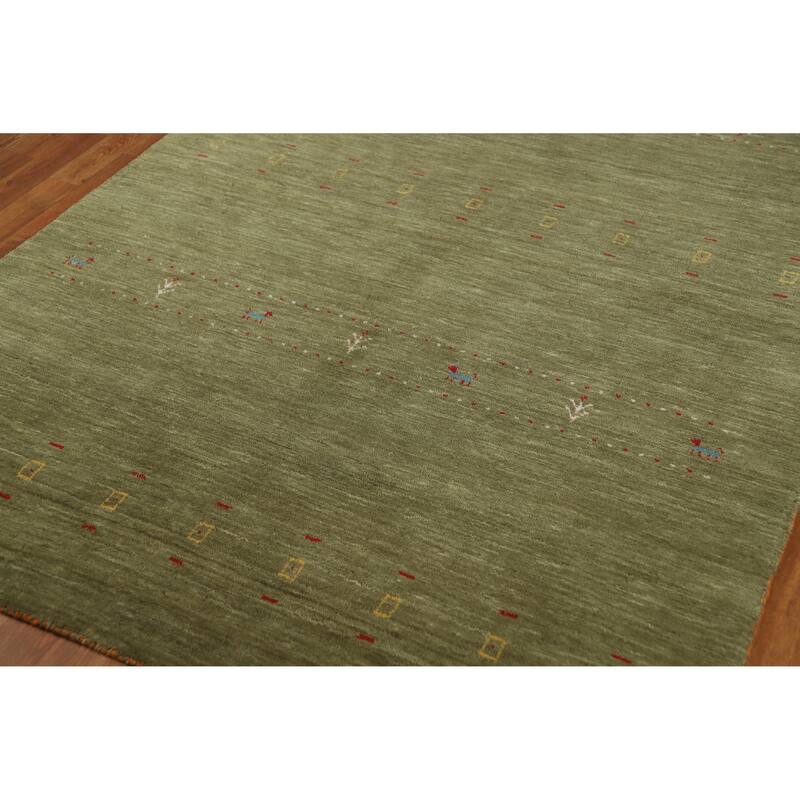 Green Tribal Gabbeh Indian Area Rug Hand-Knotted Wool Carpet - 5'0" x 7'8" - 5'0" x 7'8" - Green