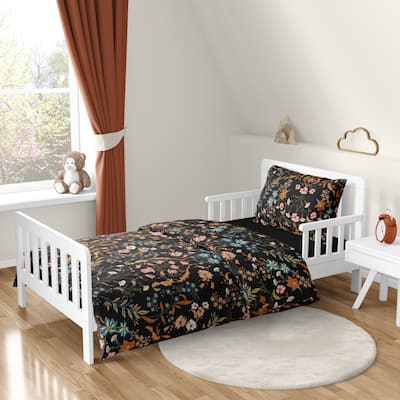 Sweet Jojo Designs Boho Wildflower Vintage Floral Girl 5p Toddler Comforter Set Black Orange Teal Bohemian Farmhouse Cottagecore
