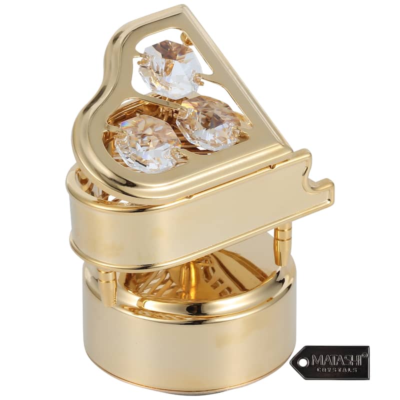 Matashi Home Decorative Tabletop Showpiece 24K Gold Plated Wind Up Music Box with Crystal Studded Grand Piano Figurine
