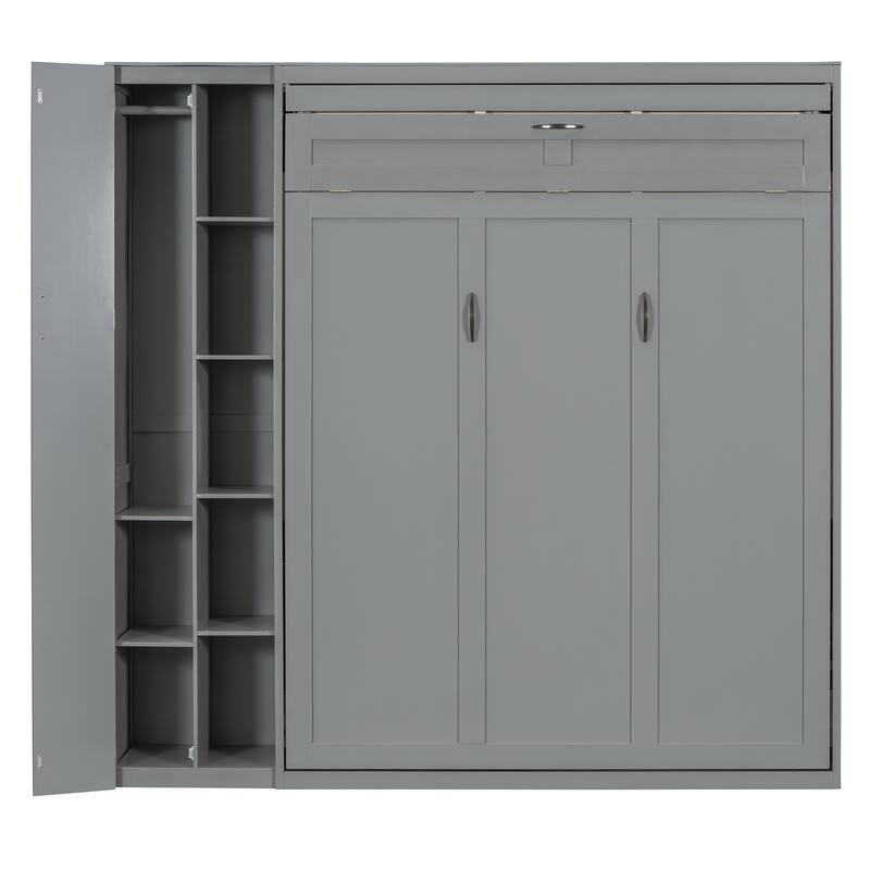 Multi-Functional Queen Murphy Bed with Storage Shelves, Wardrobe & LED, Ideal for Compact Spaces