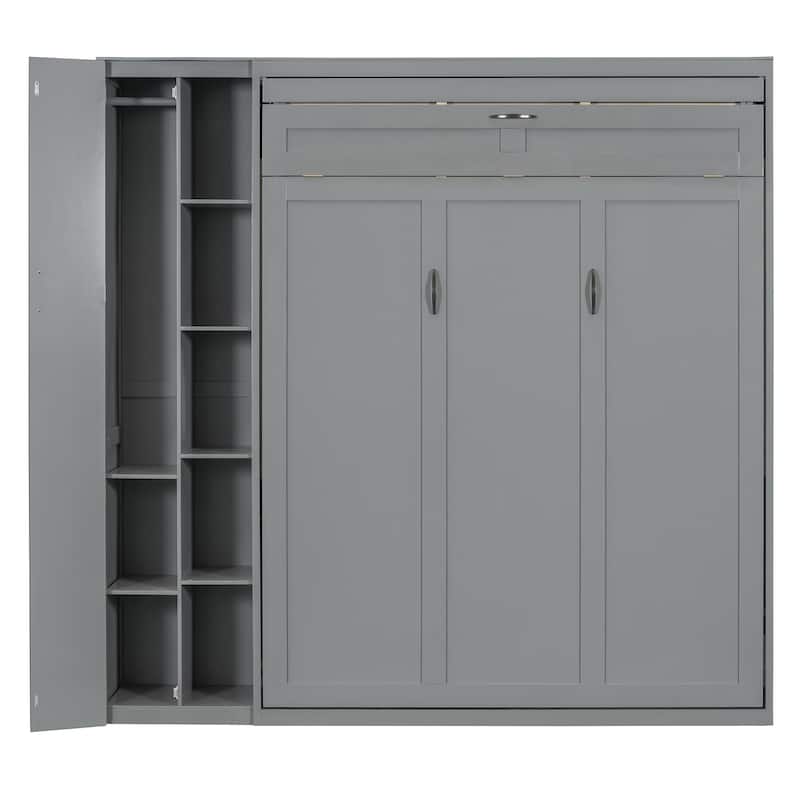 Queen Size Murphy Bed Wall Bed with Shelves,Wardrobe and LED Lights