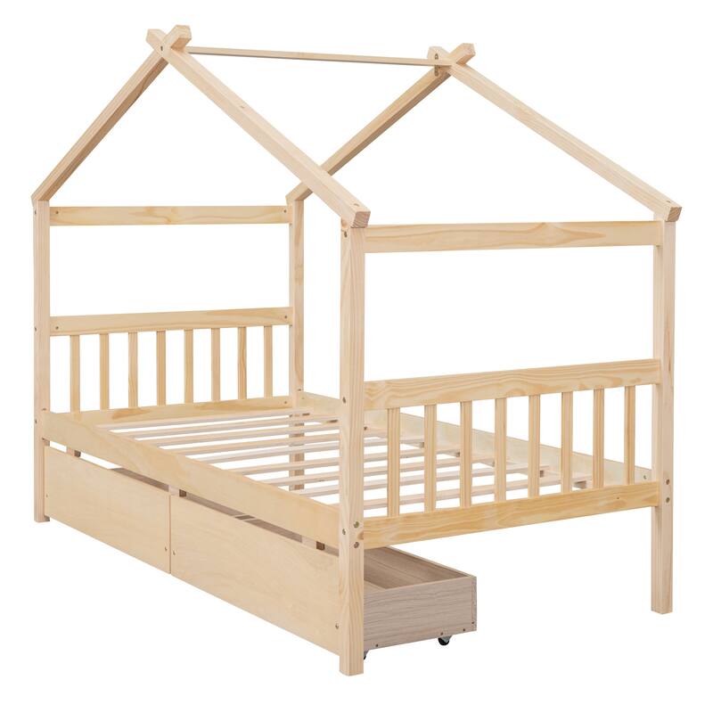 Wooden Twin/Full Size House Bed with 2 Drawers, Solid Pinewood Creativity House Shaped Sofa Bed Frame with Roof Design
