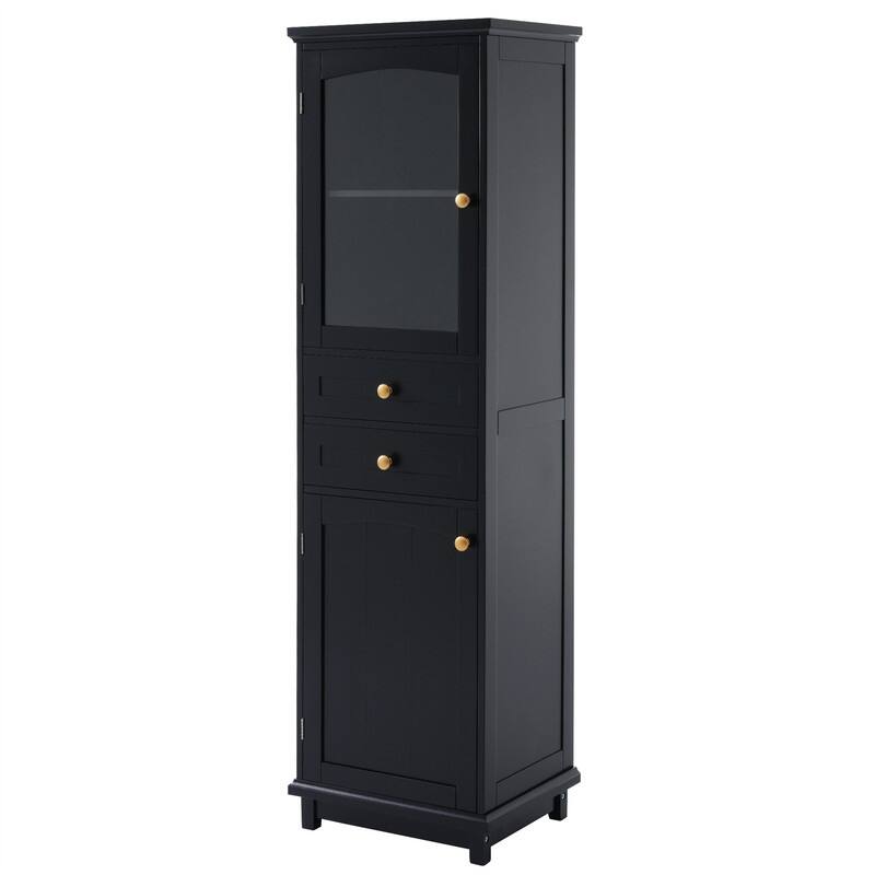 Freestanding Bathroom Cabinet with Glass Door and 2 Storage Drawers, Tall Storage Cabinet Floor Cabinet with Adjustable Shelves