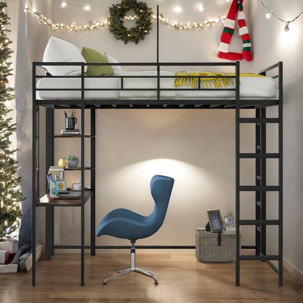 slide 2 of 25, Modern Full Size Loft Bed With 2 Shelves and one Desk For Bedroom,Dorm,Kids Black