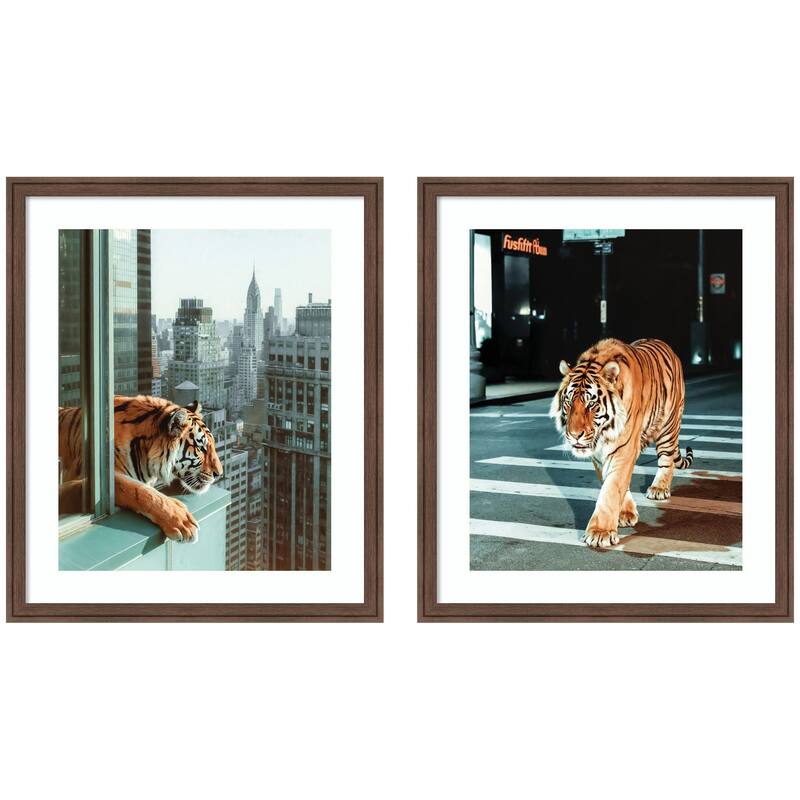 Kate and Laurel Urban Tiger City 2 Piece Framed Wall Art Print Set by Michael Schauer - 2 Piece Set 21x25 - Brown