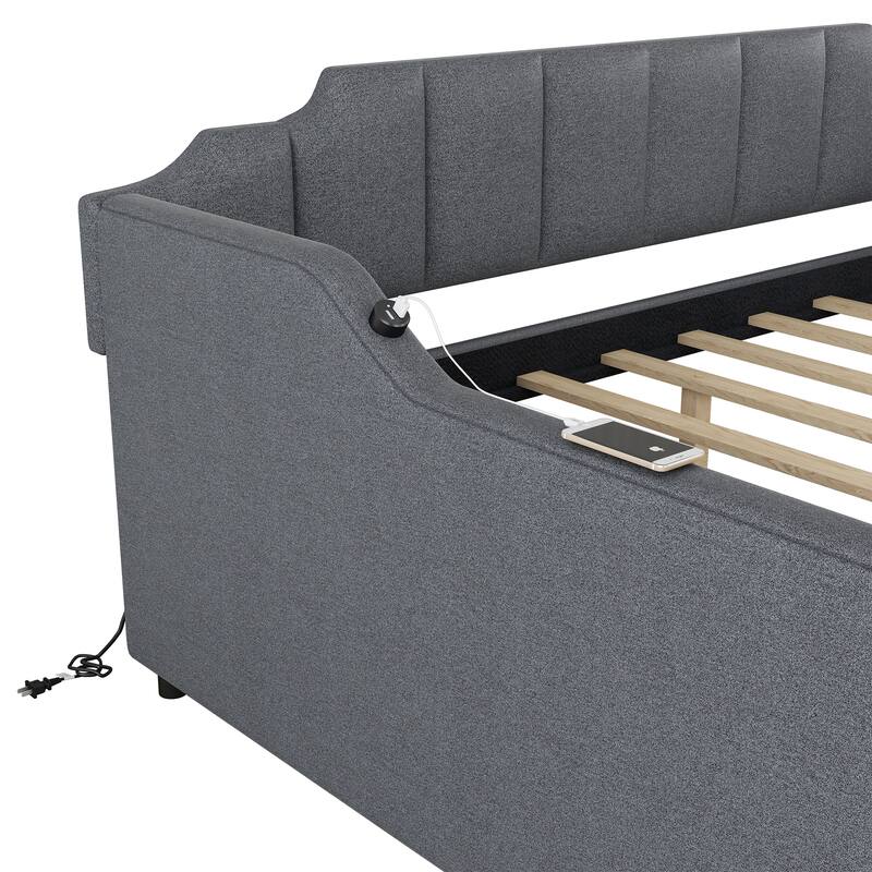 Full Size Upholstered Daybed with Pull-Out Trundle and USB Charging, Gray