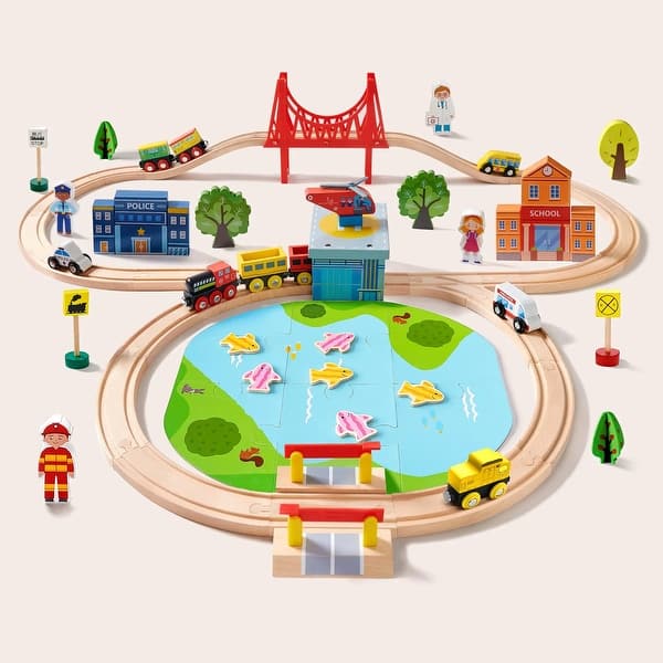 slide 2 of 7, Tiny Land® Wooden Train Set 110 Pcs Toddler