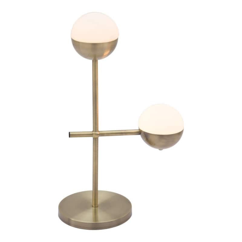 Brass Metal Bedside Table Lamp with Off White Glass Globe Shade Rotary Switch - 16.5” x 9.8” x 27.2” (D x W x H)
