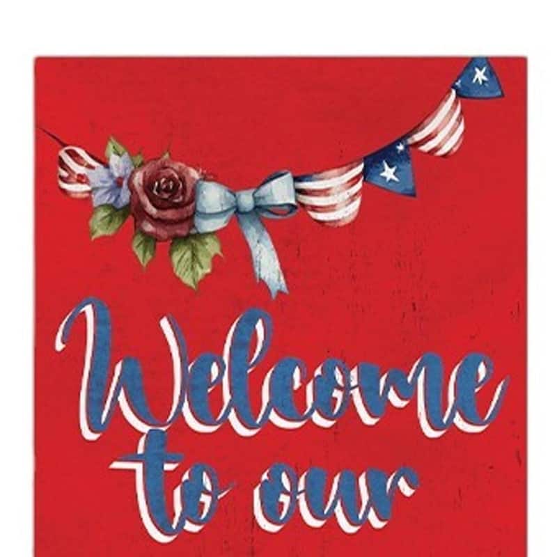 HomeRoots 36" Blue Red And White Solid Wood Welcome To Our Porch Porch Sign