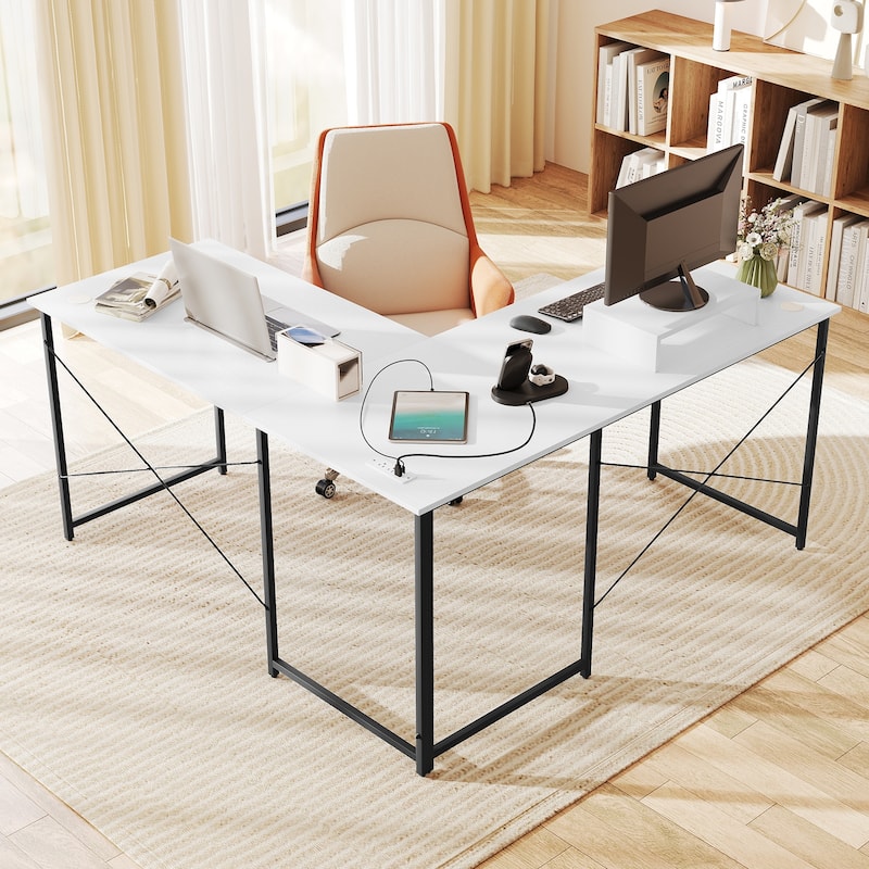 White Reversible Workstation Desk with Steel Frame Monitor Display Shelf and Stable Adjustable Feet