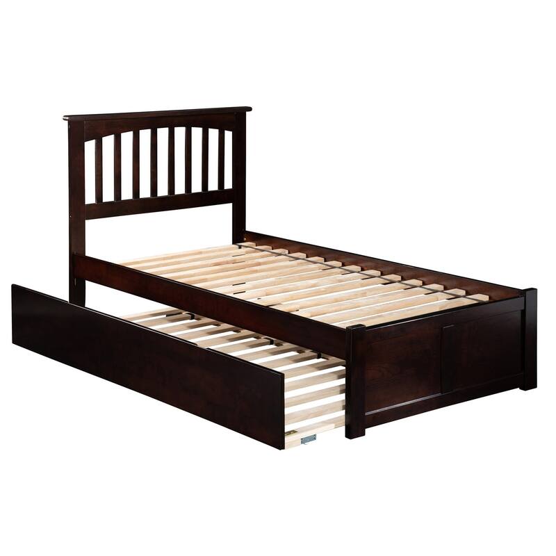 Twin Size Platform Bed with Trundle, USB Port - Espresso Finish, No Box Spring Needed, Modern Design