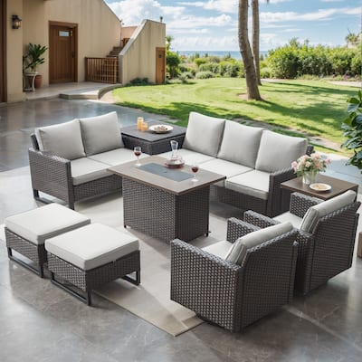 9 Pieces Patio Sofa Set with Fire Pit Table - Beige cushion - Brown