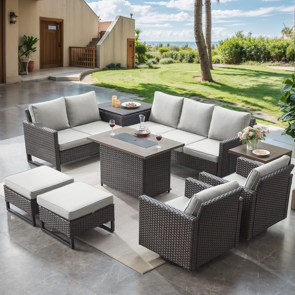 9 Pieces Patio Sofa Set with Fire Pit Table - Beige cushion - Brown
