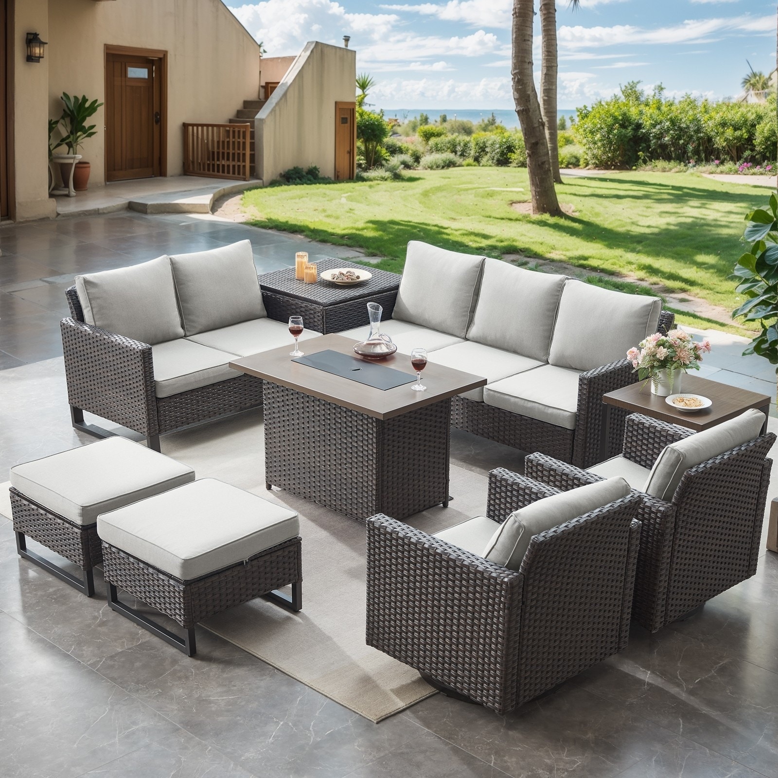 9 Pieces Patio Sofa Set with Fire Pit Table - Beige cushion - Brown