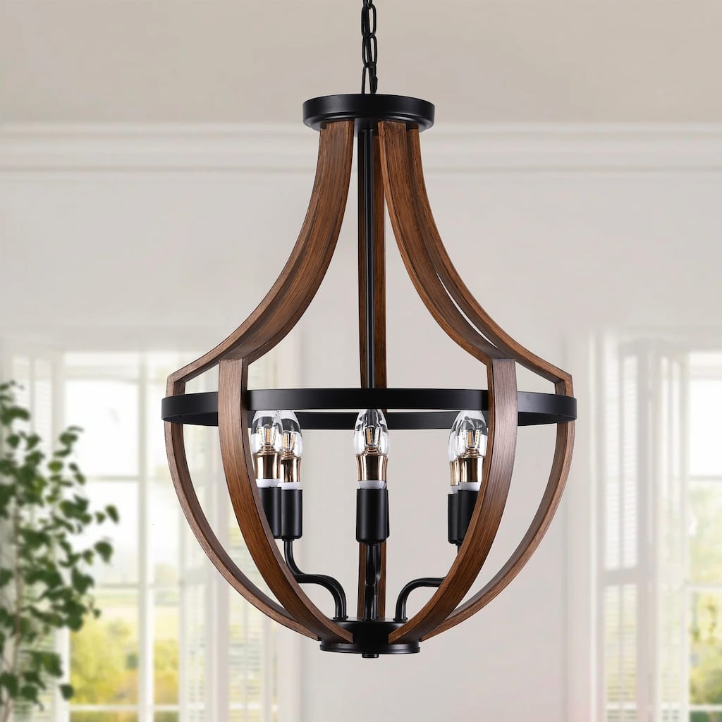 Vintage Black 6-Light Pendant Lamp with Wood Grain Design