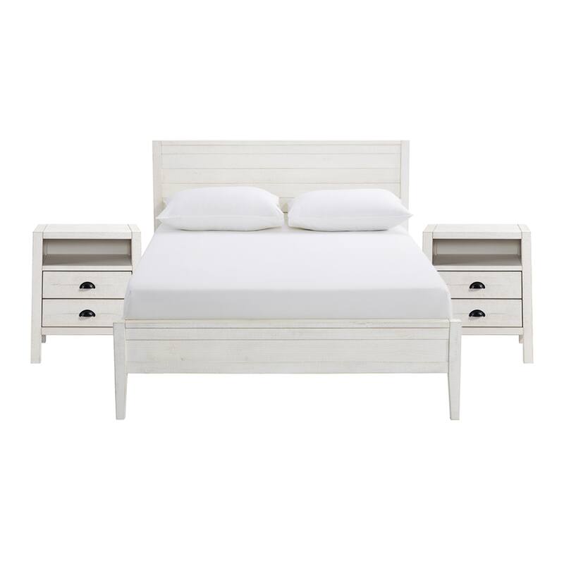 Windsor 3-Piece Set with Panel Full Bed and 2 Nightstands - Driftwood White