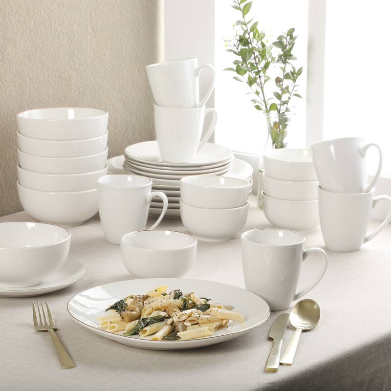 Gibson Home Ogalla 30 Piece Plates, Bowls, & Mugs Dinnerware Set - Service for 6 - White Porcelain W/ Gold Band