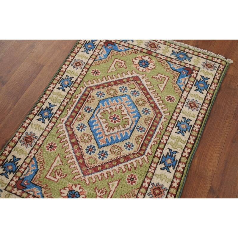Hand Knotted Oriental 100% Wool Carpet Traditional Geometric Green Kazak Area Rug - 3' 1'' X 2' 0''