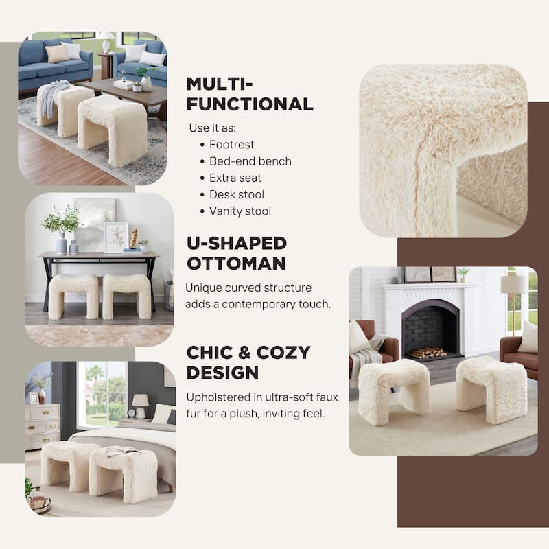 Roundhill Furniture Zorya Faux Fur U-Shaped Ottoman, Set of 2