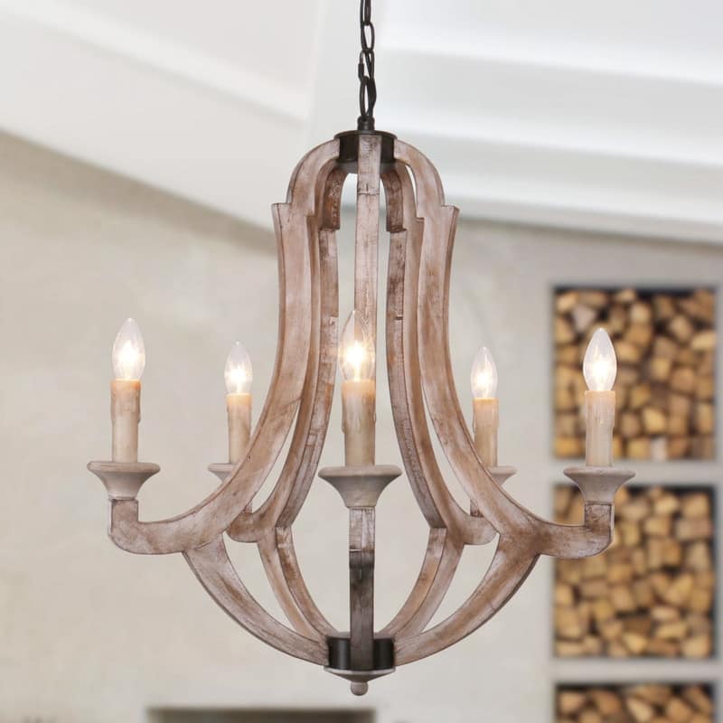 5 Light Farmhouse Wood Chandelier Pendant Lighting - N/A