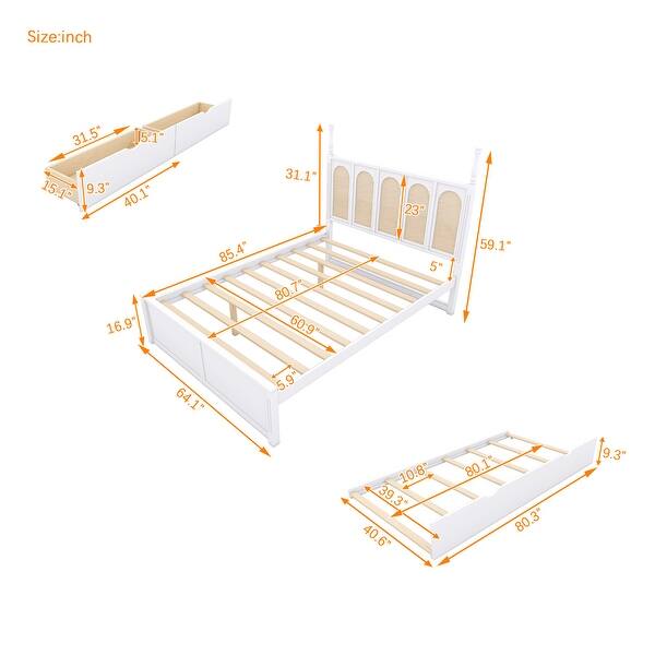 Queen Size Rattan Platform Bed with 2 Drawers, Wooden Bed with Twin Trundle, Space-saving Bed with Rattan Headboard, White