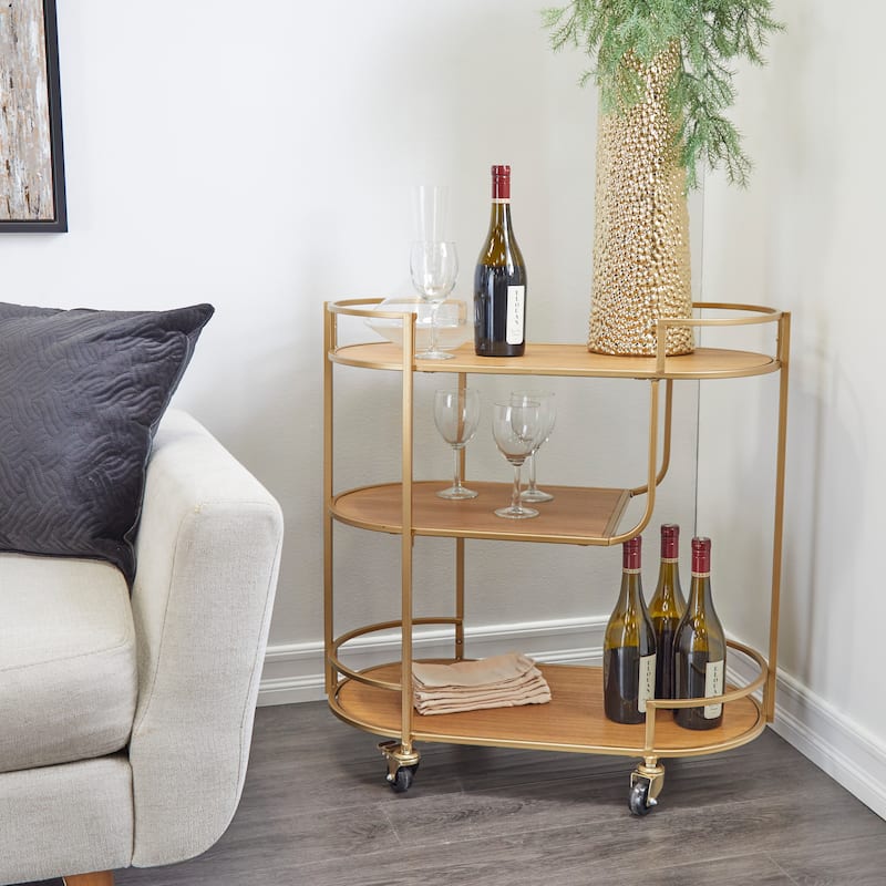 Wood Rolling 3 Shelves Bar Cart with Handles - Gold - Roche River Decor - 15"W x 30"L x 30"H