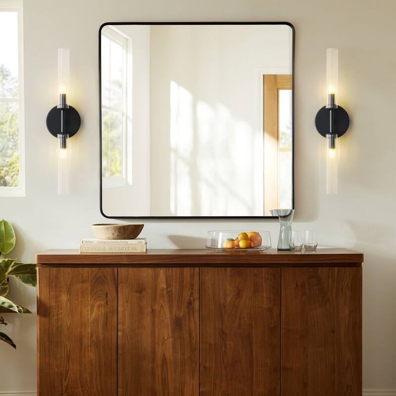 2-Light Mid-Century Modern Brushed Gold/Matte Black Finish Linear Vanity Light with Clear Striped Glass for Bathroom