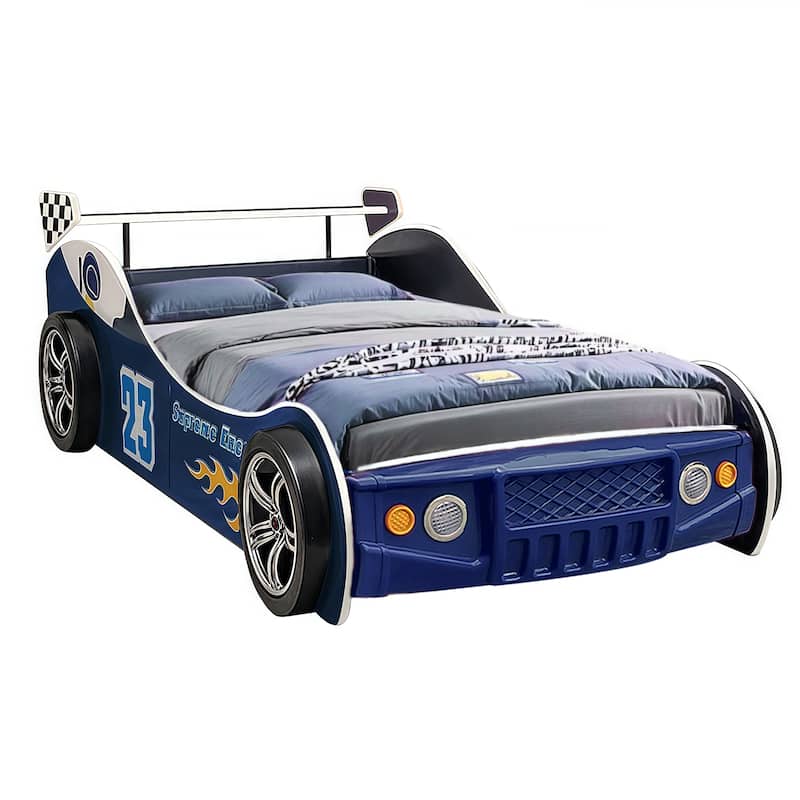Twin Size Kids Bed Frame, Cool Cartoon Car Bed, Patrol Police Car Bed, Fire Truck Bed, Racing Car Bed for Toddler Floor Bed - Blue Racing Car Bed - Twin