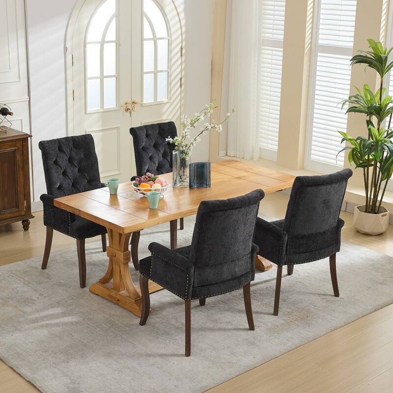 GDF Studio- Chenille Upholstered Dining Chair with Tufted Back & Curved Wood Legs, Single Pack