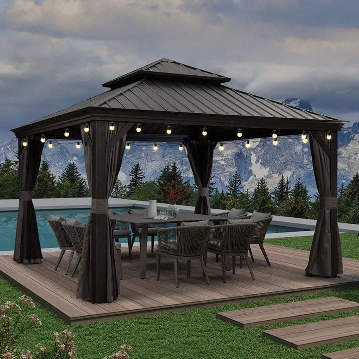PURPLE LEAF Outdoor Galvanized Steel Hardtop Gazebo, Aluminum Frame Gazebo With Curtains - 12' x 12' - Grey(With lights)