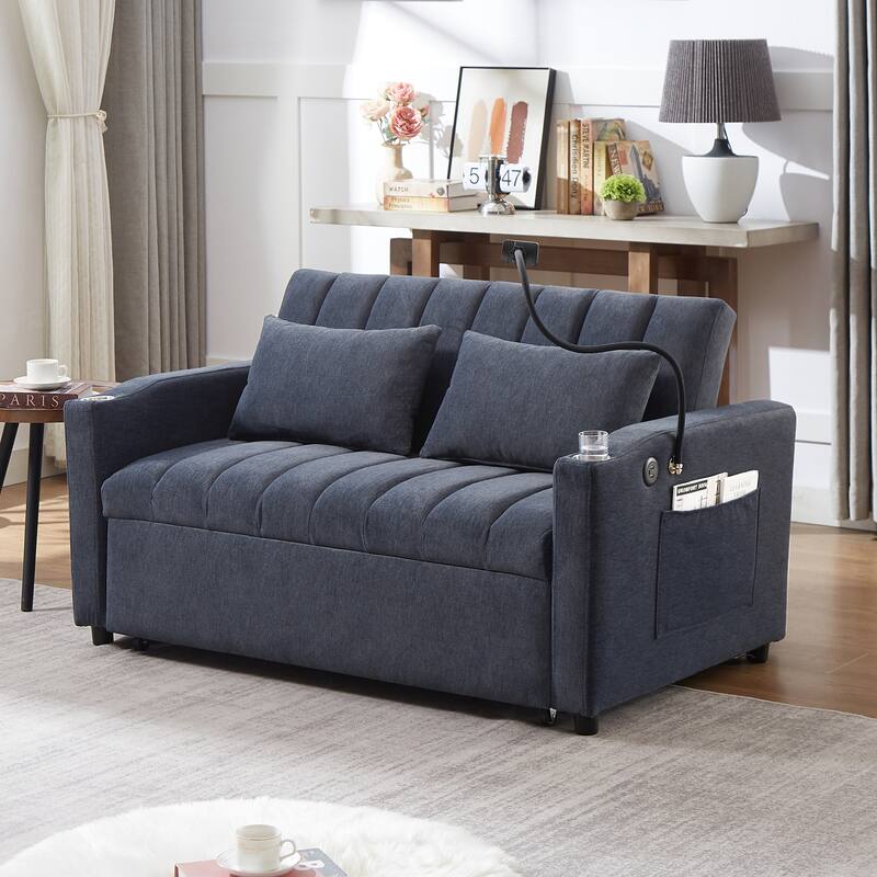 55.9" Convertible Sofa Bed Loveseat Sofa with Three USB Ports, Two Side Pockets, Two Cup Holders and 360°Swivel Phone Holder