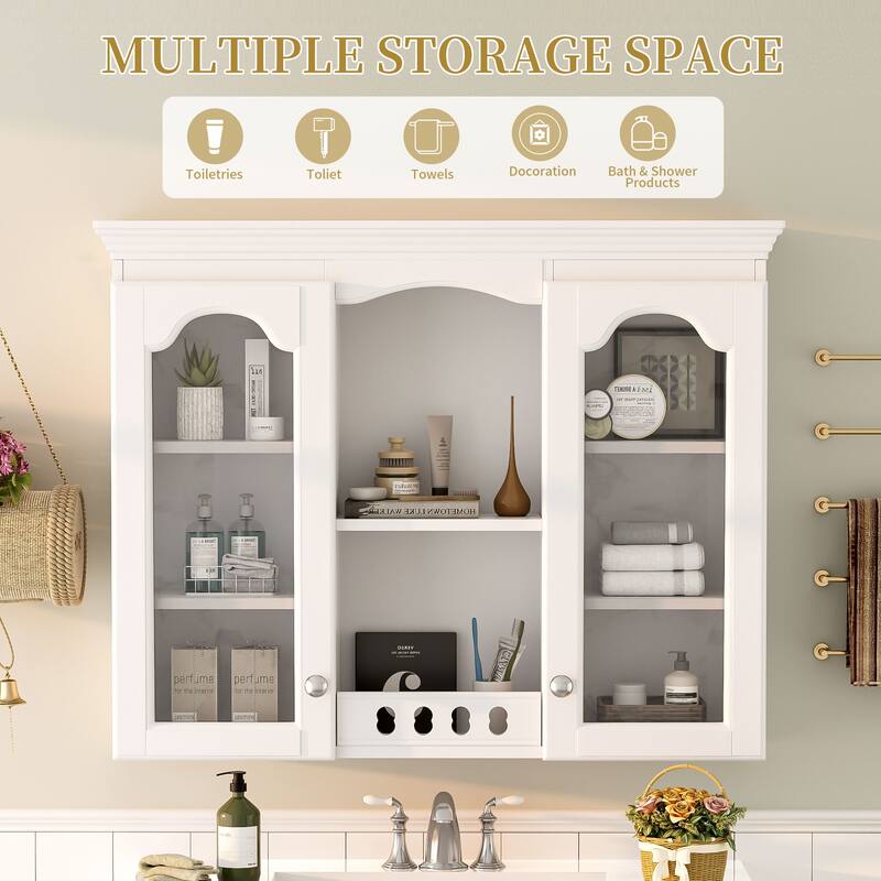 Anmytek White Wall Mounted Bathroom Cabinet with 2 Glass Doors Storage