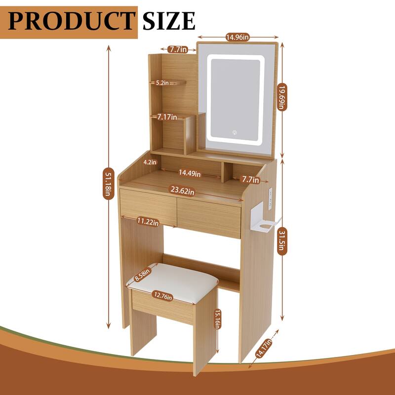 Small Vanity Table with LED Mirror, Compact Makeup Vanity Desk Dressing Table with Power Outlet, Hairdryer Holder & Stool