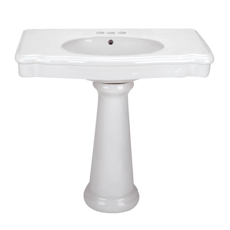 White Darbyshire Bathroom Pedestal Sink with 4" Black Center Set Faucet and Drain with Overflow Renovators Supply