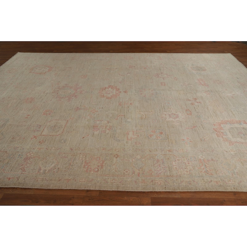 Hand Knotted Oriental 100% Wool Carpet Transitional All-Over Beige & Ivories Oushak Area Rug - 12' 0'' X 9' 0''